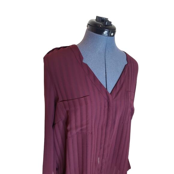 Metaphor Burgundy red semi sheer button down vertical stripe top large - Picture 4 of 10